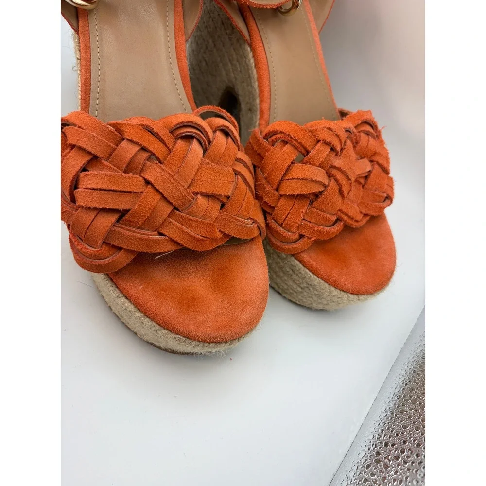 Marc Fisher Espadrille Wedge Sandals Womens 8M Orange Suede Woven Platform Heels